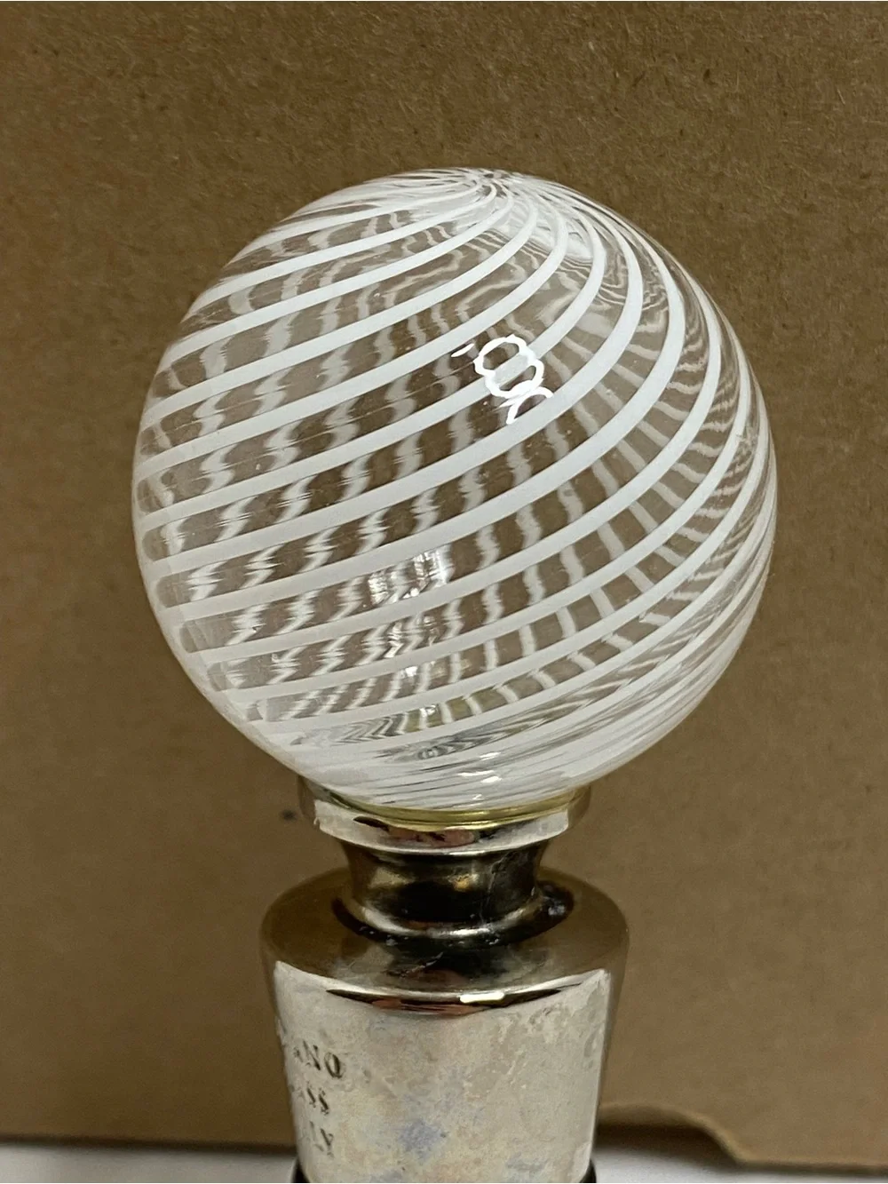 Murano Art Glass Bottle Stopper White Spiral Swirl Made In Italy Wine Decanter